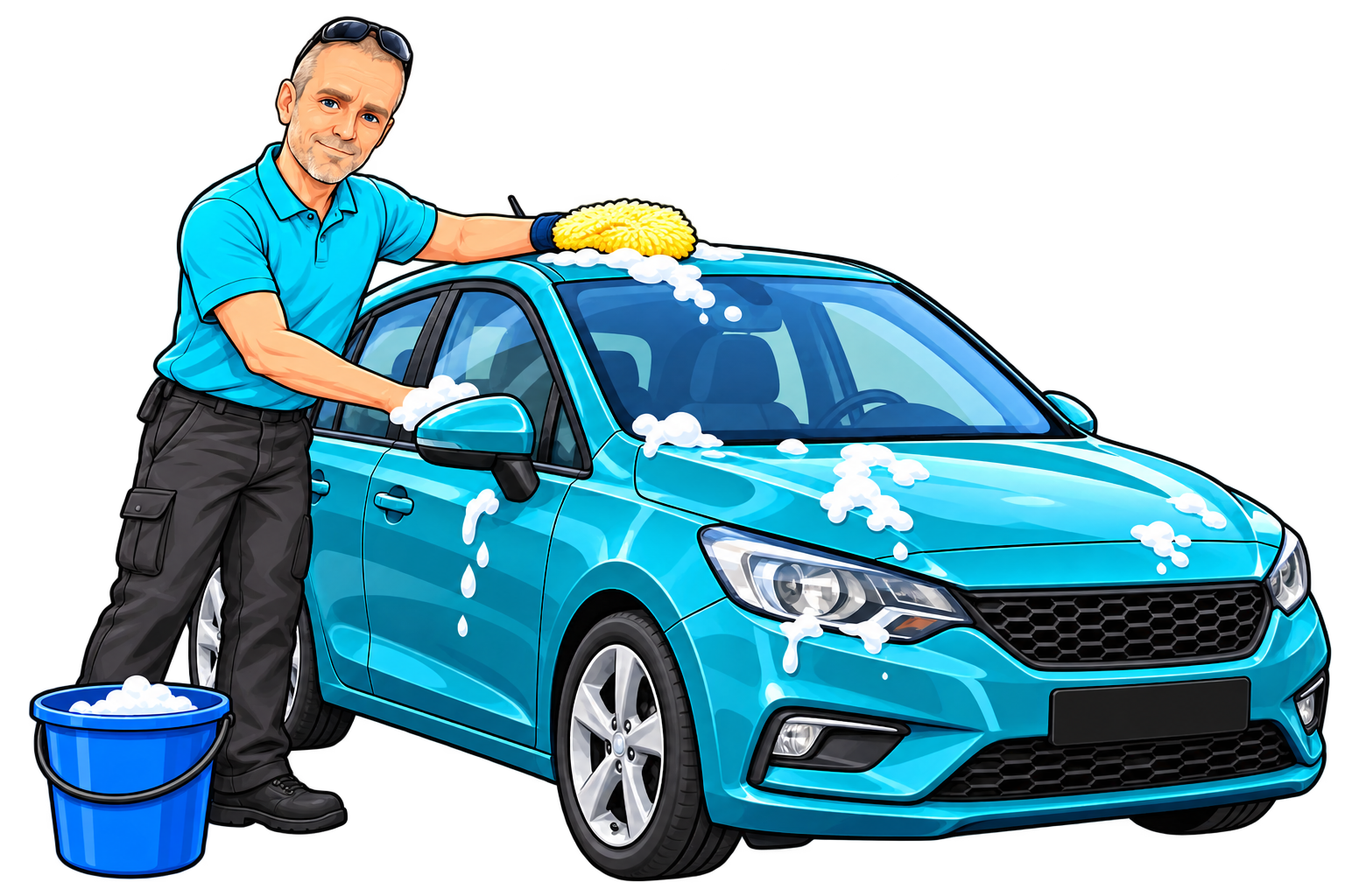 Cartoon of your friendly valeter washing a teal car