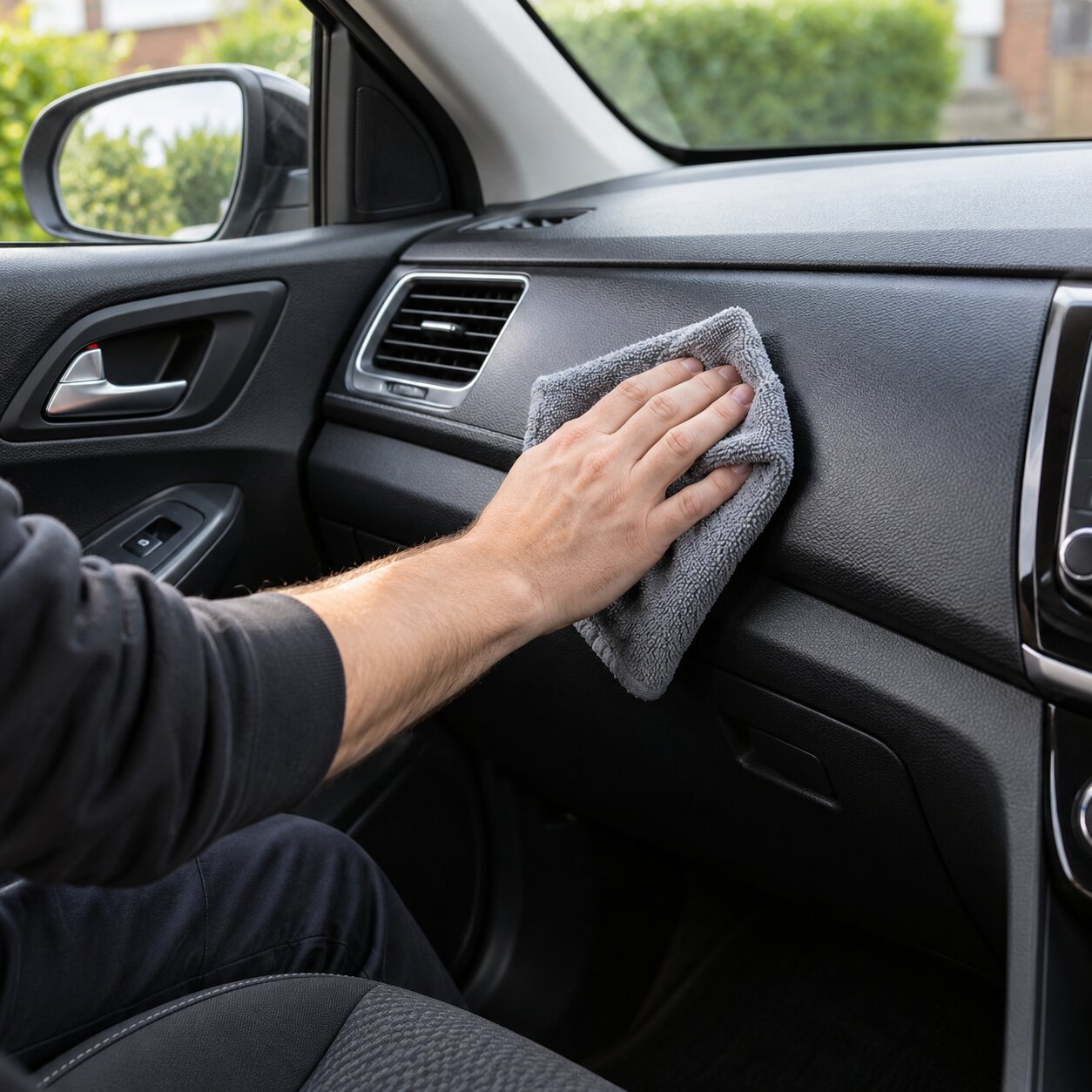 Realistic image of dashboard plastics being cleaned and protected from UV light