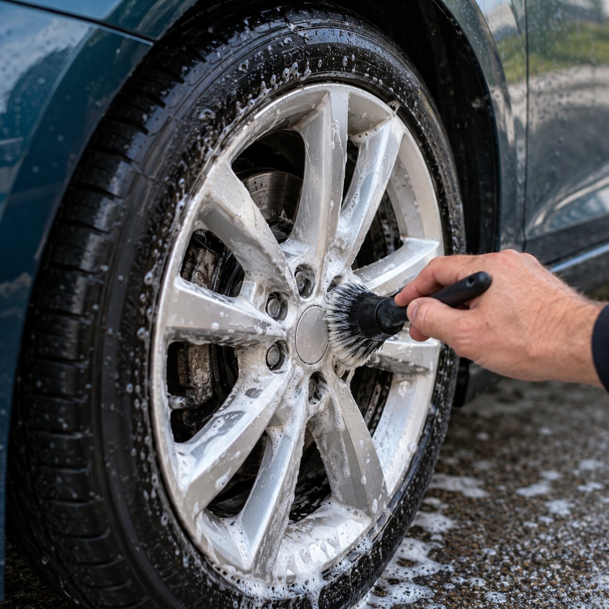 Realistic image of an alloy wheel being cleaned with a detailing brush